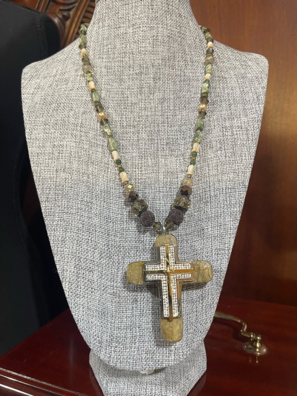 Handcrafted Olive Green Beaded Cross Pendant Necklace - Unbranded